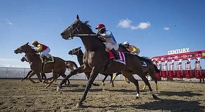 jockeys racing horses on a track